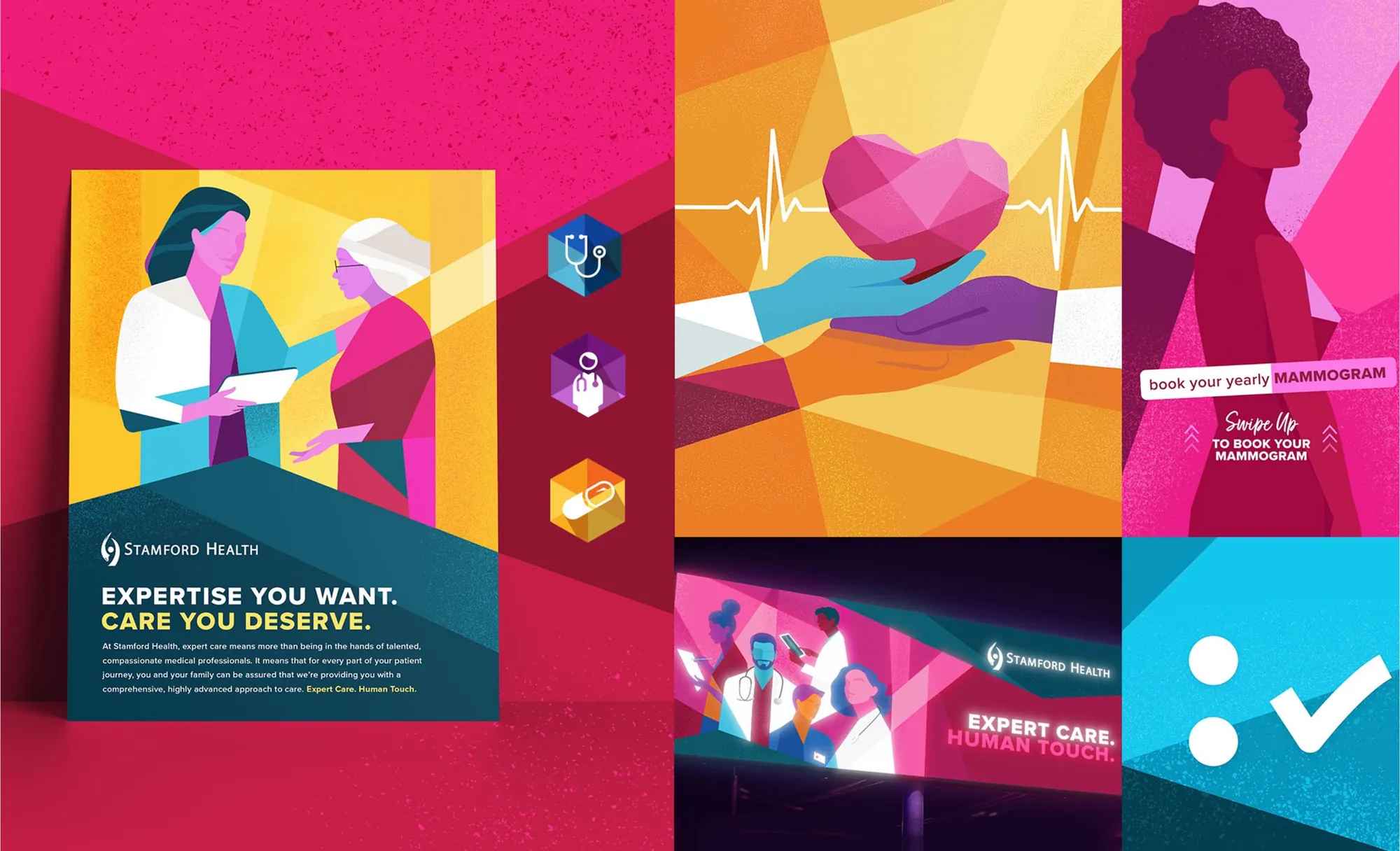 Stamford Health campaign work: print ad, icons, social posts and billboard
